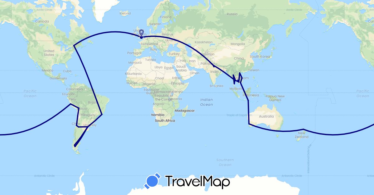TravelMap itinerary: driving in Argentina, Australia, Bolivia, Brazil, Canada, Chile, United Kingdom, Indonesia, India, Cambodia, New Zealand, Peru, Thailand, Vietnam (Asia, Europe, North America, Oceania, South America)